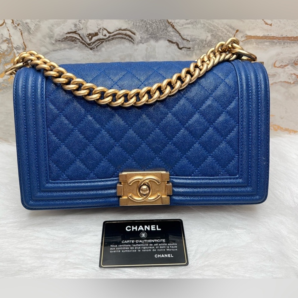 CHANEL Caviar Old Medium Boy Bag Iridescent Blue & Gold